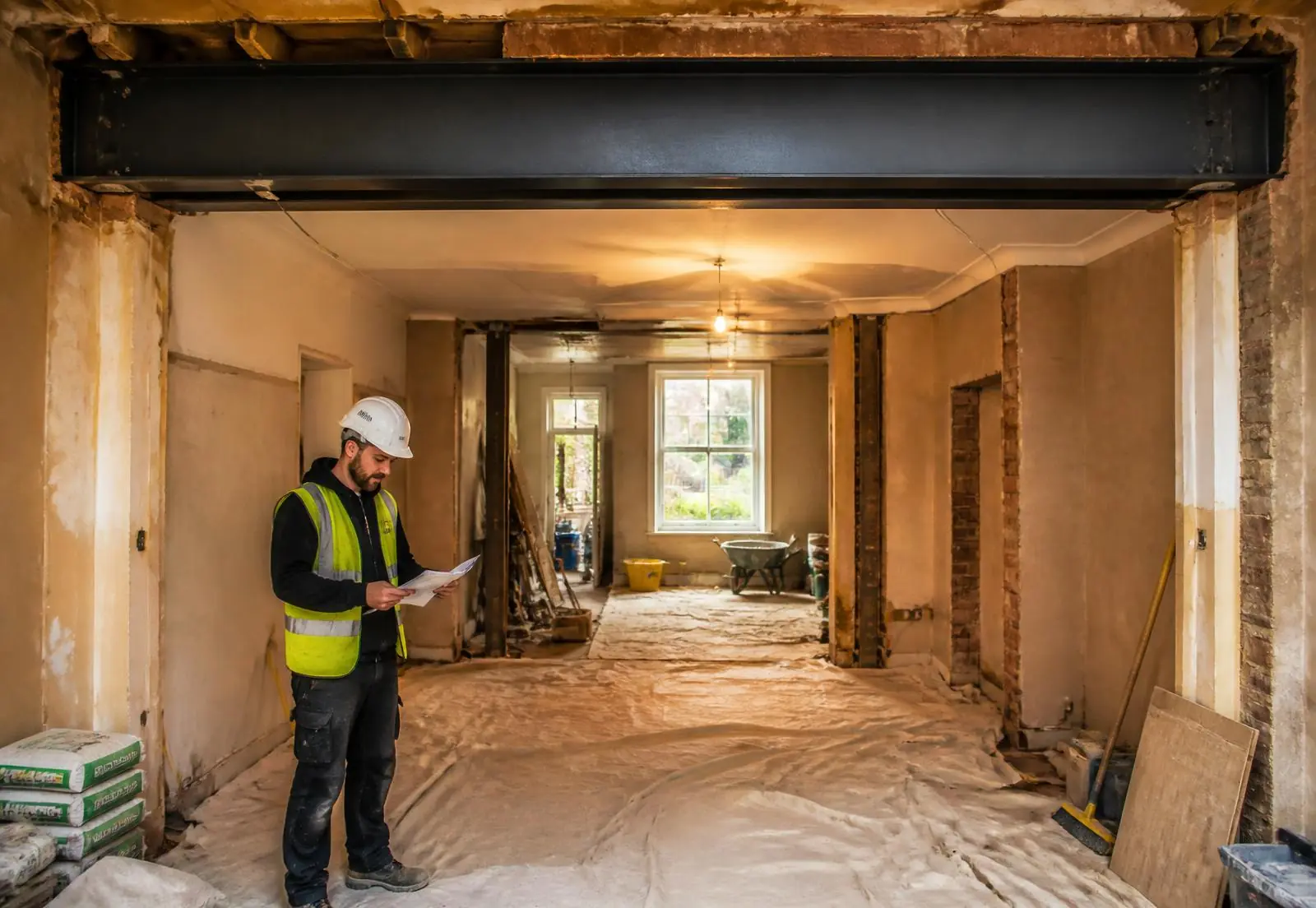 Steel beam installed above a new structural opening during a Manchester house renovation