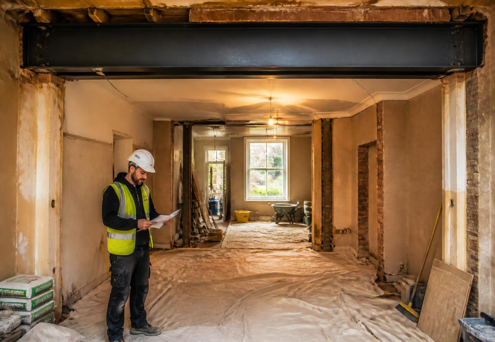 Steel beam installed above a new structural opening during a Manchester house renovation